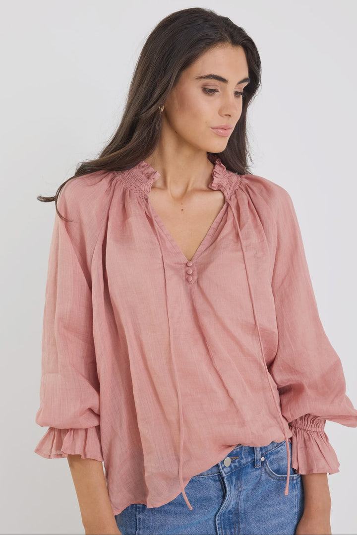 Odyssey Blush Shirred Neck Button Long Sleeve Top - Chillis & More NZ