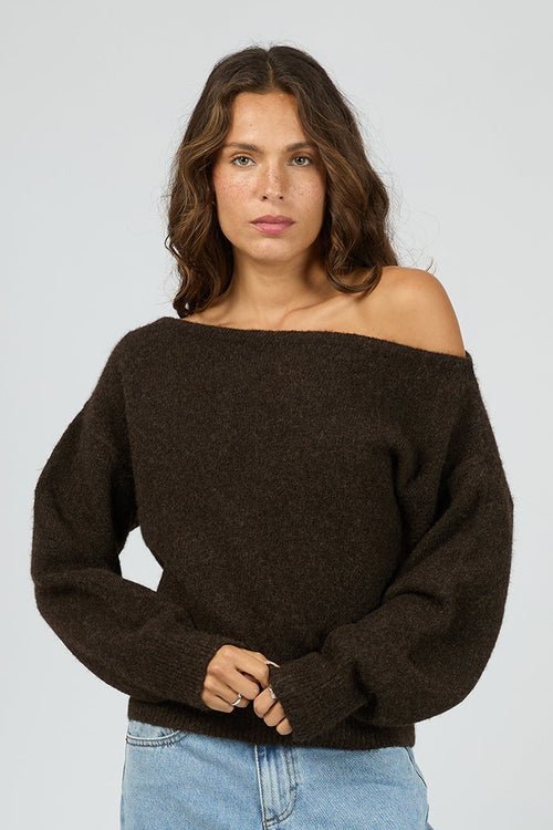 Off Shoulder Knit Jumper - Chocolate - Chillis & More NZ