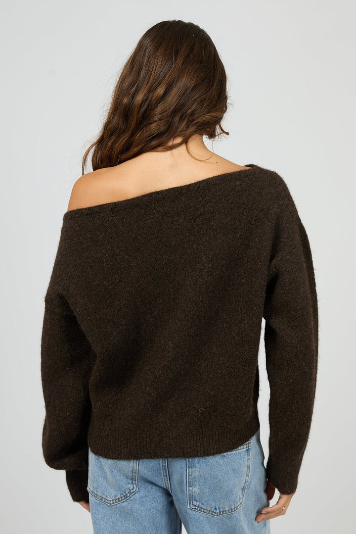 Off Shoulder Knit Jumper - Chocolate - Chillis & More NZ