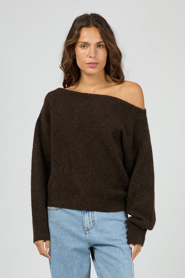 Off Shoulder Knit Jumper - Chocolate - Chillis & More NZ