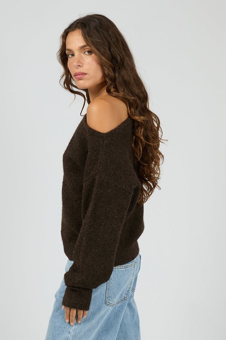 Off Shoulder Knit Jumper - Chocolate - Chillis & More NZ