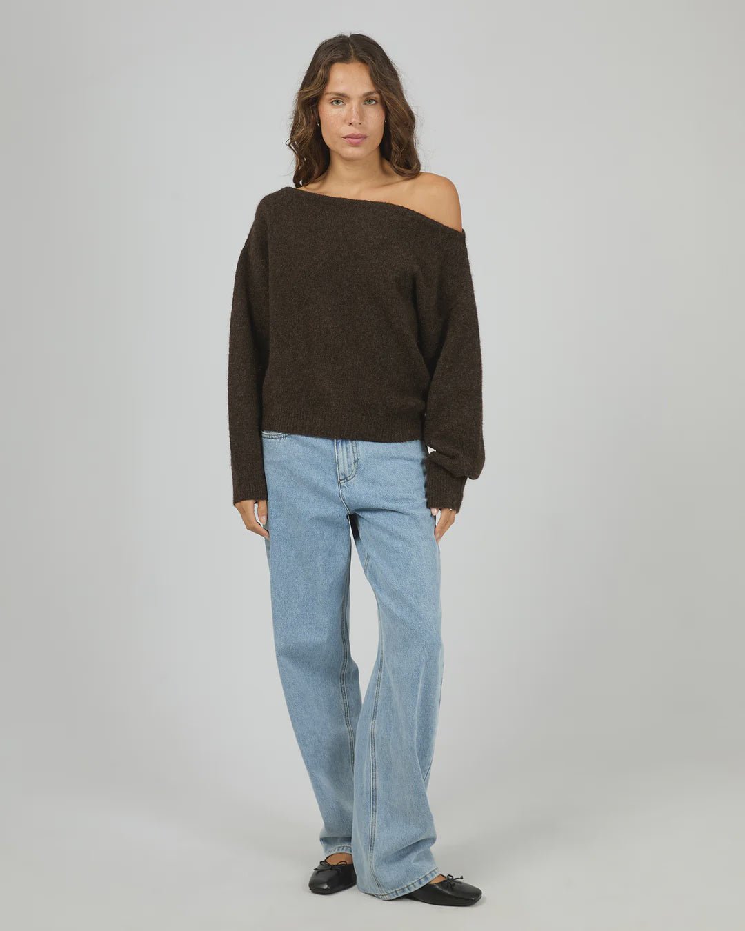 Off Shoulder Knit Jumper - Chocolate - Chillis & More NZ