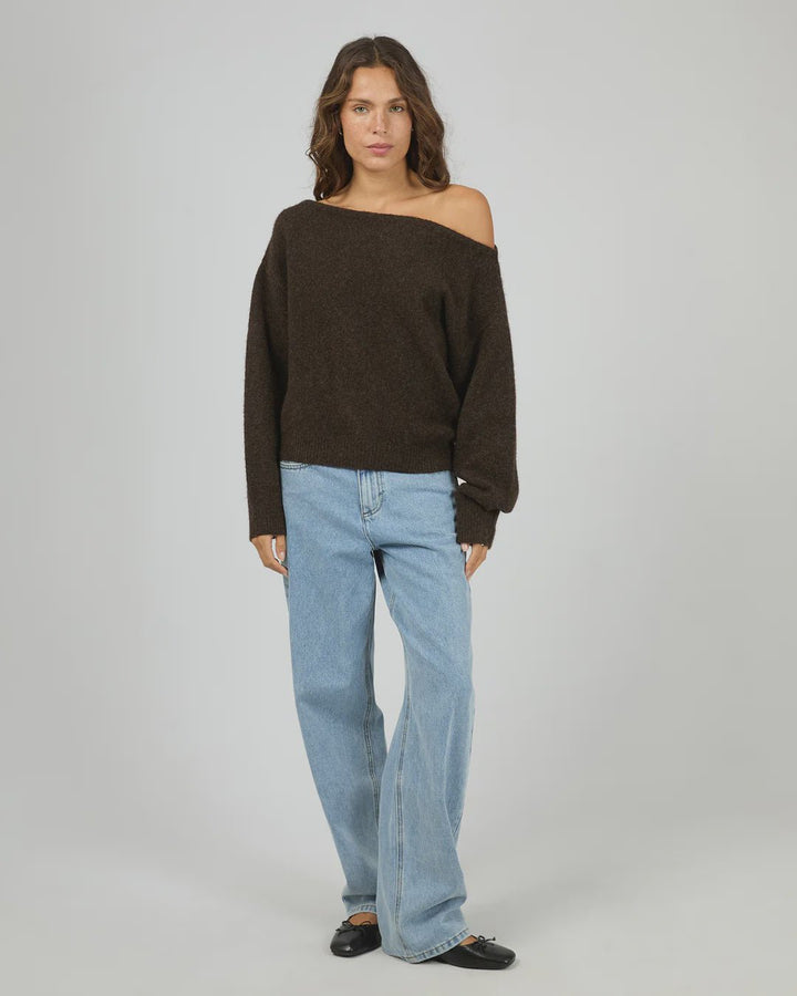 Off Shoulder Knit Jumper - Chocolate - Chillis & More NZ