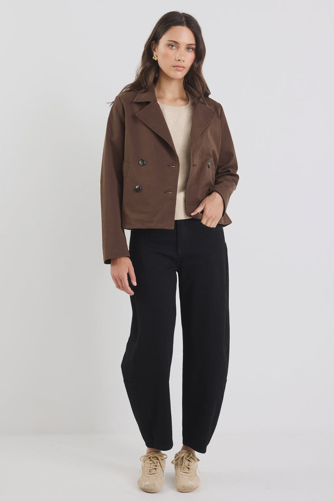 Pathway Chocolate Cropped Trench Jacket - Chillis &amp; More NZ