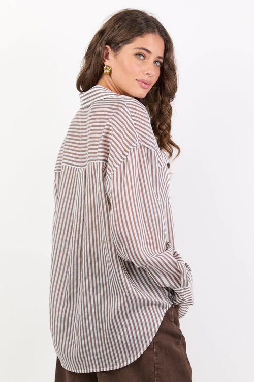 Preppy Chocolate Stripe Pocket Front Shirt - Chillis &amp; More NZ