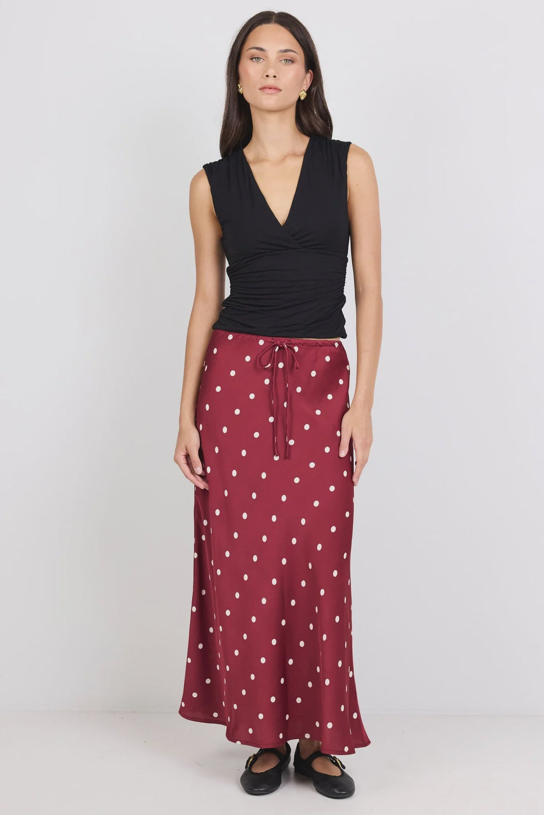 Rarity Wine Cream Polka Dot Satin Tie Waist Bias Maxi Skirt - Chillis & More NZ