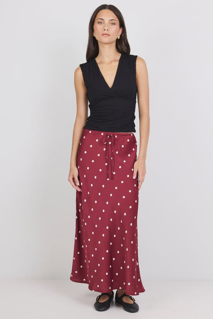 Rarity Wine Cream Polka Dot Satin Tie Waist Bias Maxi Skirt - Chillis & More NZ