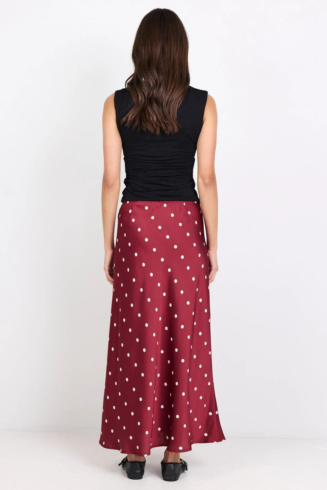 Rarity Wine Cream Polka Dot Satin Tie Waist Bias Maxi Skirt - Chillis & More NZ