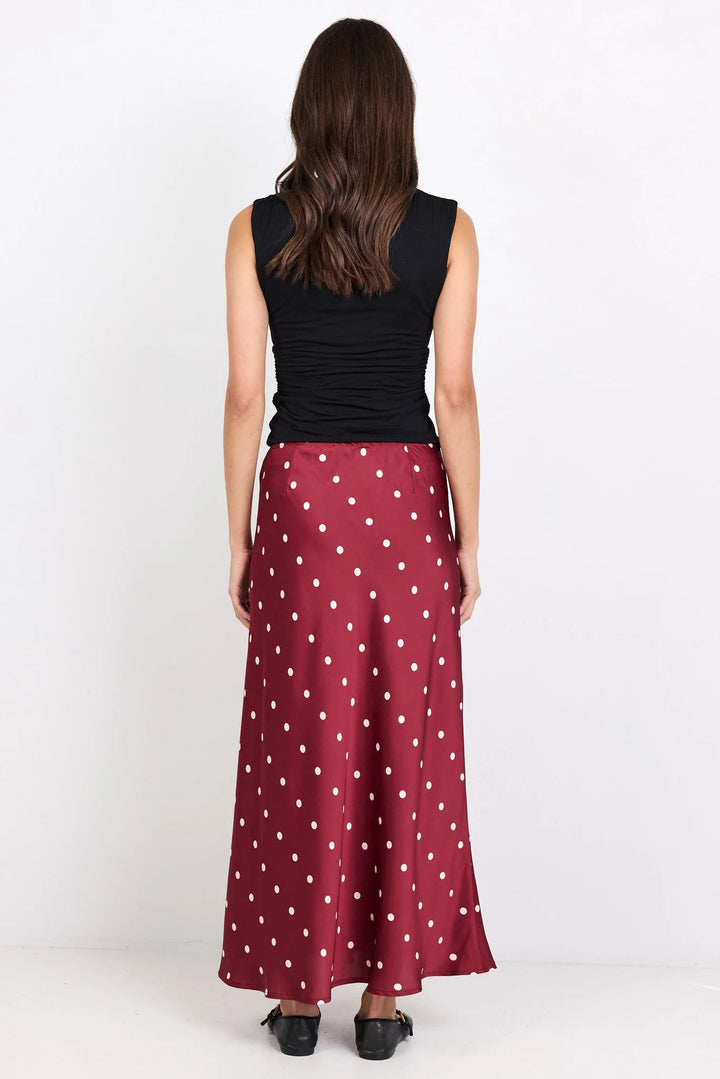Rarity Wine Cream Polka Dot Satin Tie Waist Bias Maxi Skirt - Chillis & More NZ
