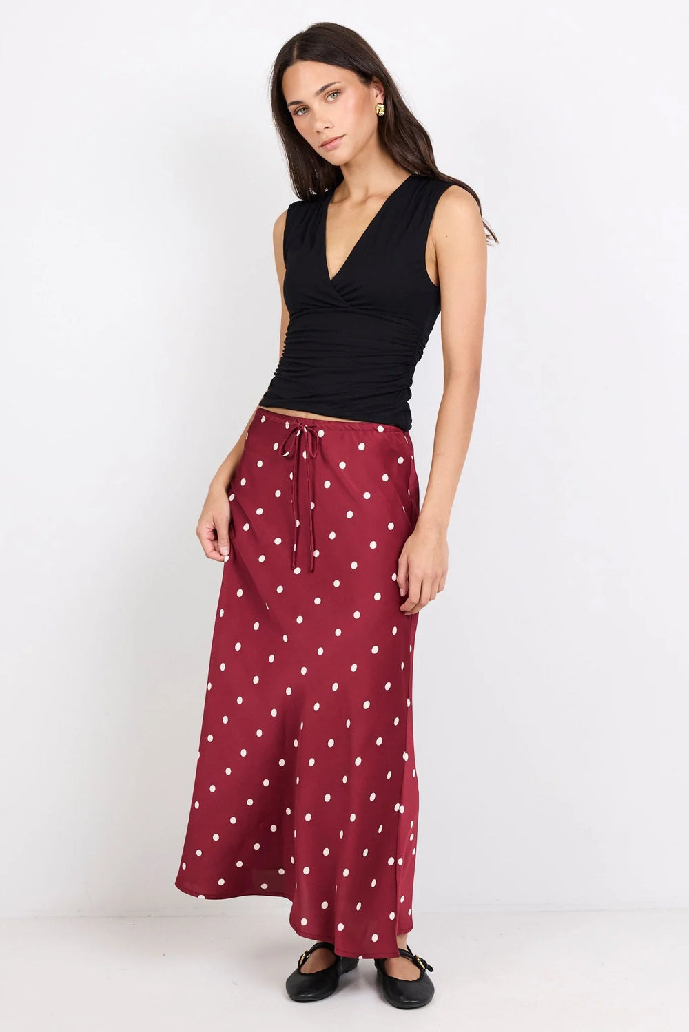 Rarity Wine Cream Polka Dot Satin Tie Waist Bias Maxi Skirt - Chillis & More NZ
