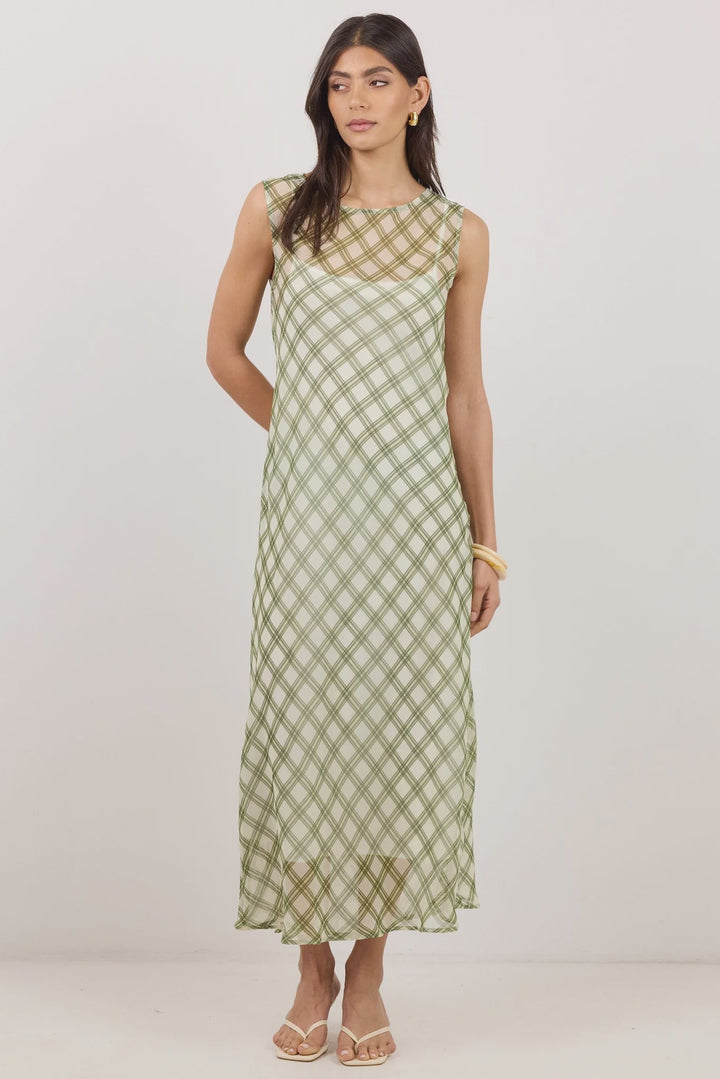 Relay Avocado Check Chiffon Sheer Maxi Dress - Chillis & More NZ
