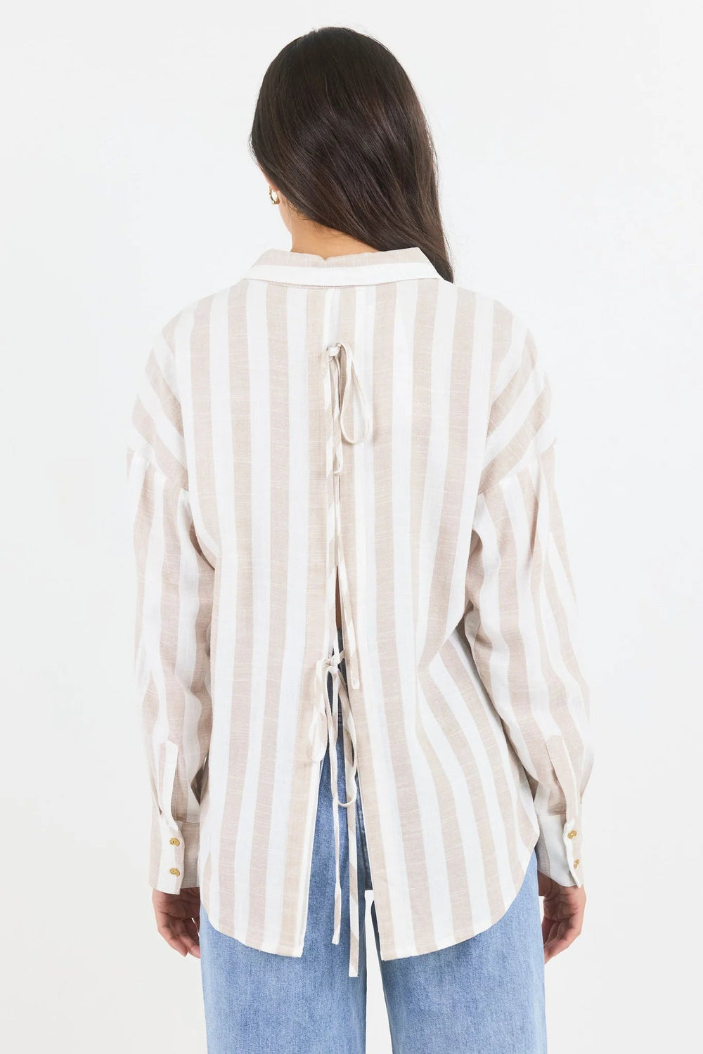 Reveal Taupe Stripe Tie Back Shirt - Chillis & More NZ