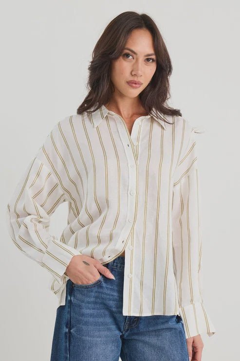 Reveal Taupe Stripe Tie Back Shirt - Chillis & More NZ