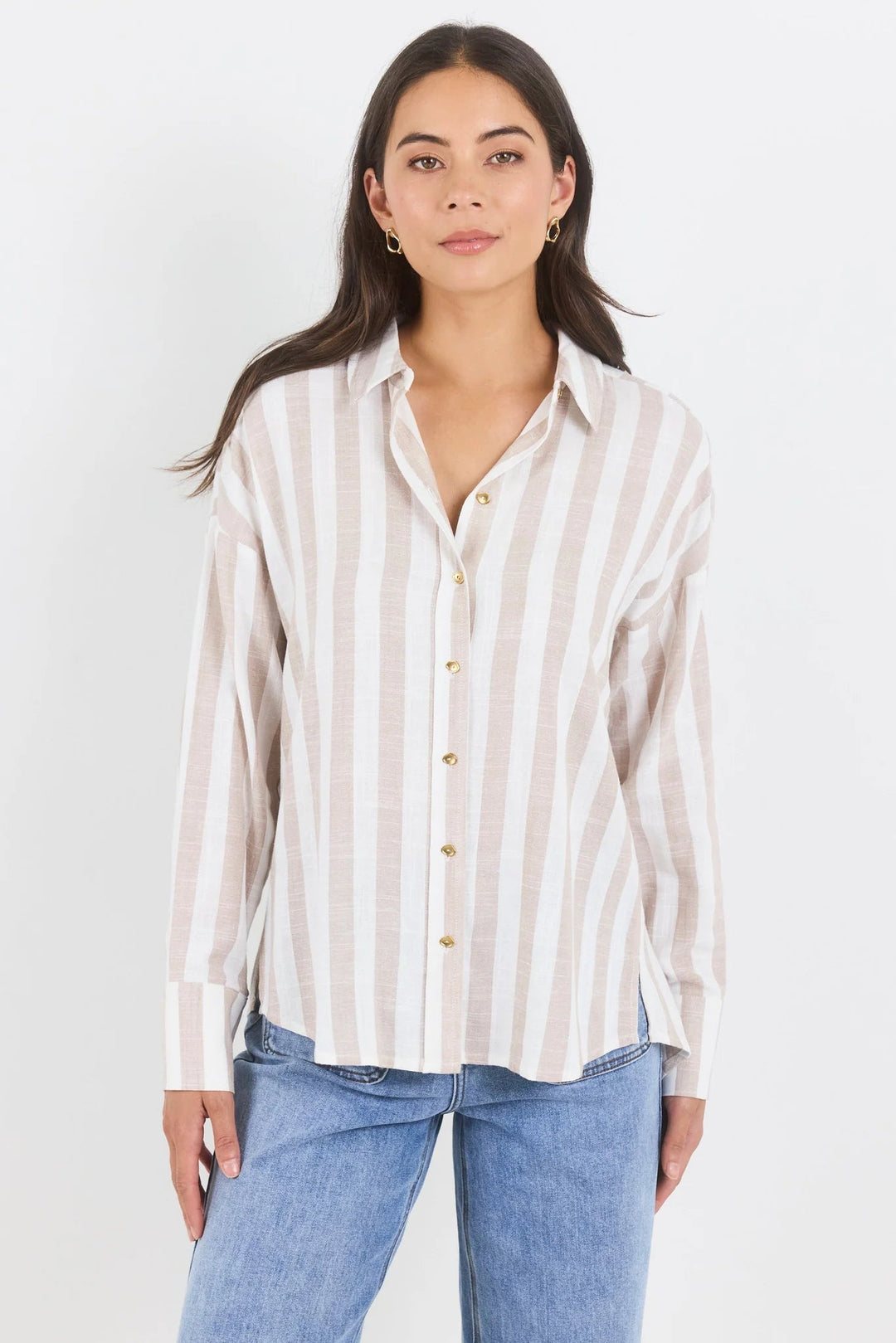 Reveal Taupe Stripe Tie Back Shirt - Chillis & More NZ