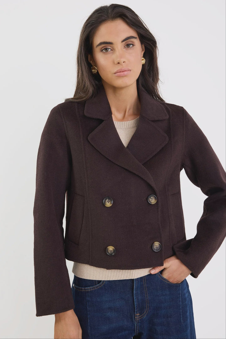 Reverie Chocolate Melton Double Breasted Peacoat - Chocolate - Chillis & More NZ