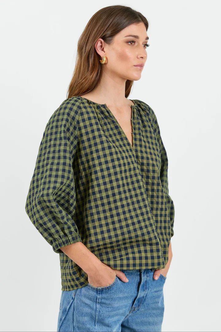 Revolutionary Khaki Ink Gingham Linen relaxed LS top - Chillis & More NZ