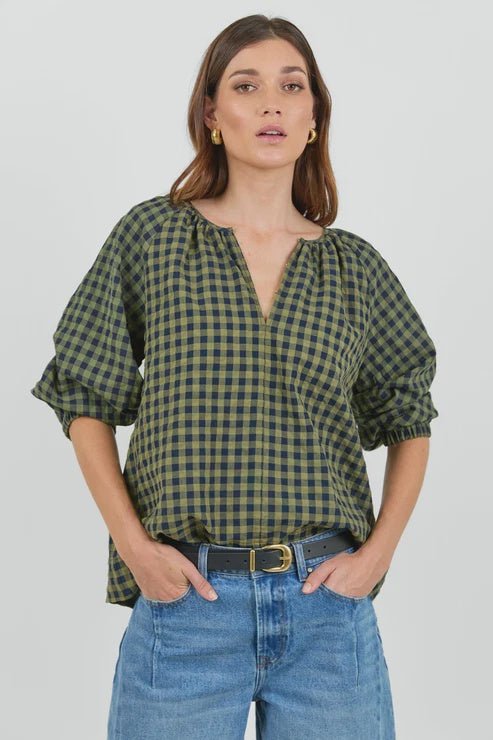 Revolutionary Khaki Ink Gingham Linen relaxed LS top - Chillis & More NZ