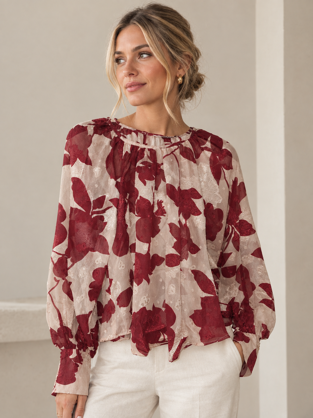 Cosmopolitan Red Floral Crew Neck Floaty LS Top