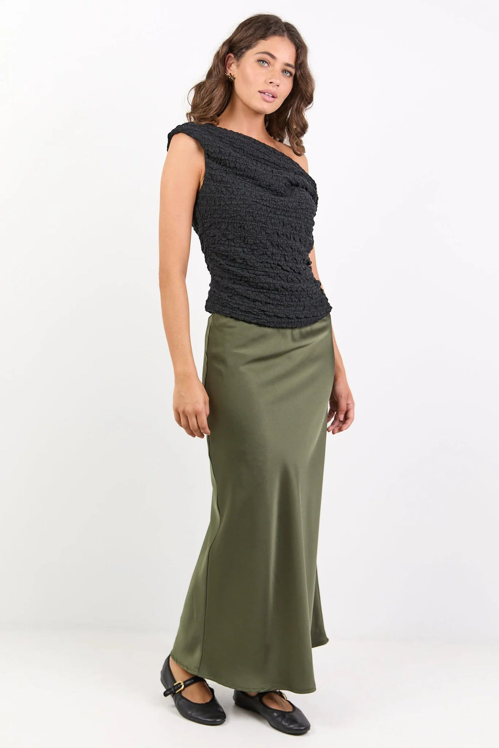 Rosette Khaki Satin Bias Midi Skirt - Chillis & More NZ