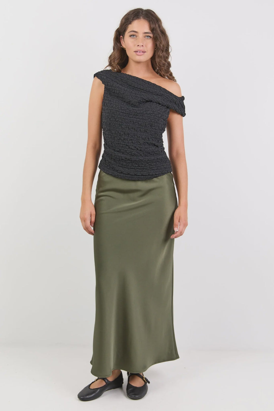 Rosette Khaki Satin Bias Midi Skirt - Chillis & More NZ