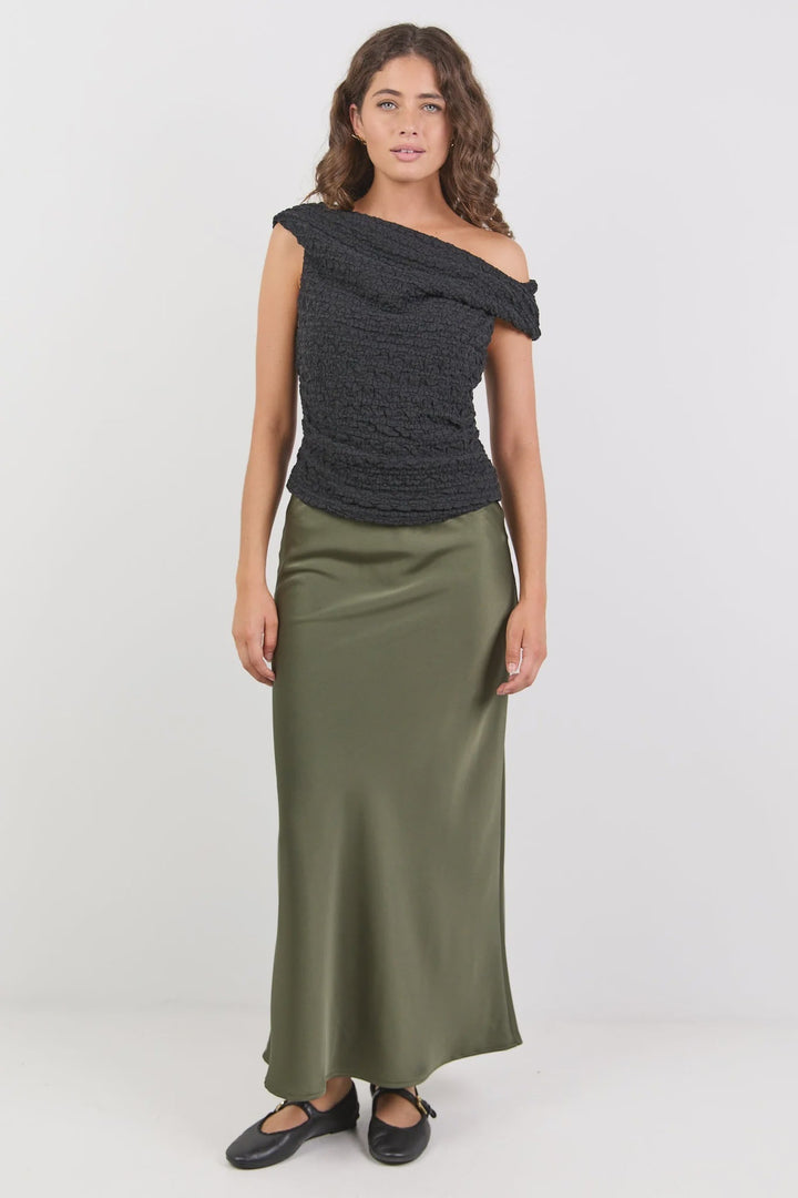 Rosette Khaki Satin Bias Midi Skirt - Chillis & More NZ