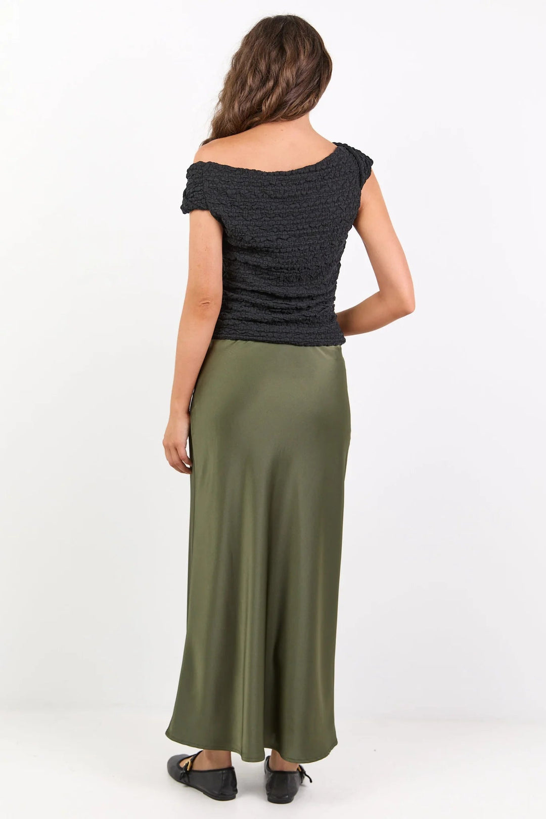 Rosette Khaki Satin Bias Midi Skirt - Chillis & More NZ