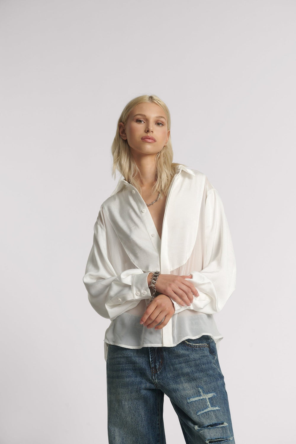 Sheer Tuxedo Shirt - White - Chillis & More NZ