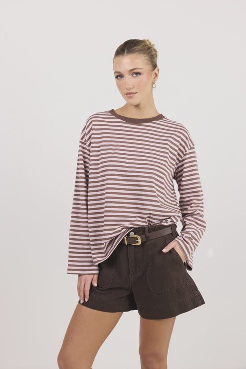 Shore Pink Mocha Stripe Long Sleeve Oversized Tee - Chillis & More NZ