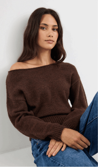 Society Chocolate Off Shoulder Jumper - Chillis & More NZ