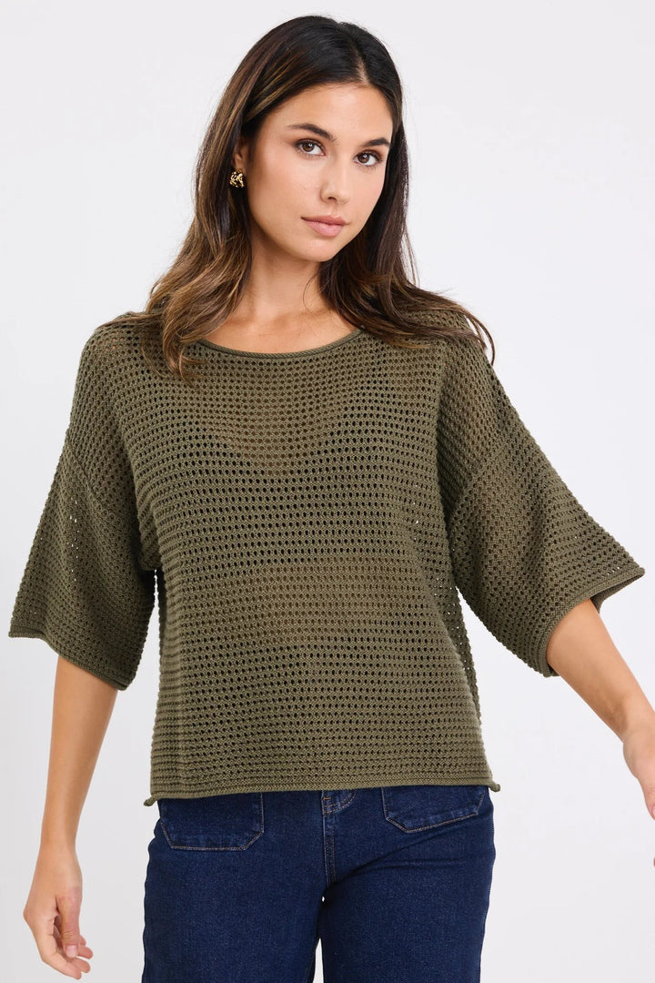 Sunrise String SS Crochet Knit Top - Khaki - Chillis & More NZ