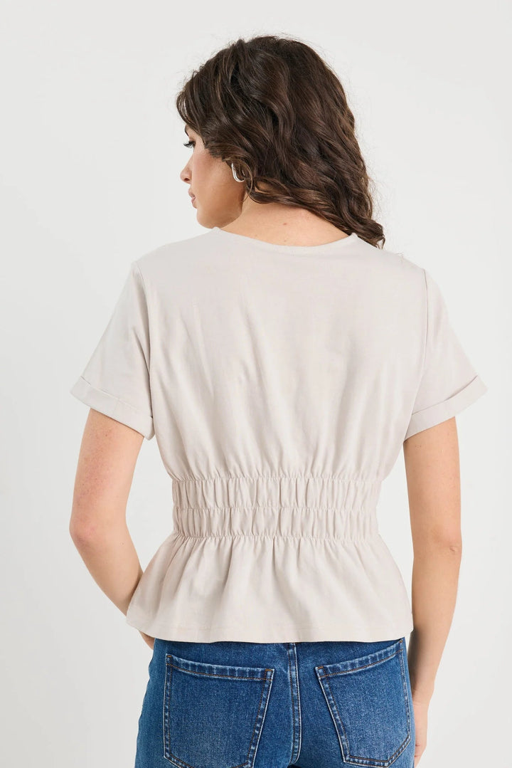 Svelte Stone Shirred Detail SS Tee - Stone - Chillis & More NZ