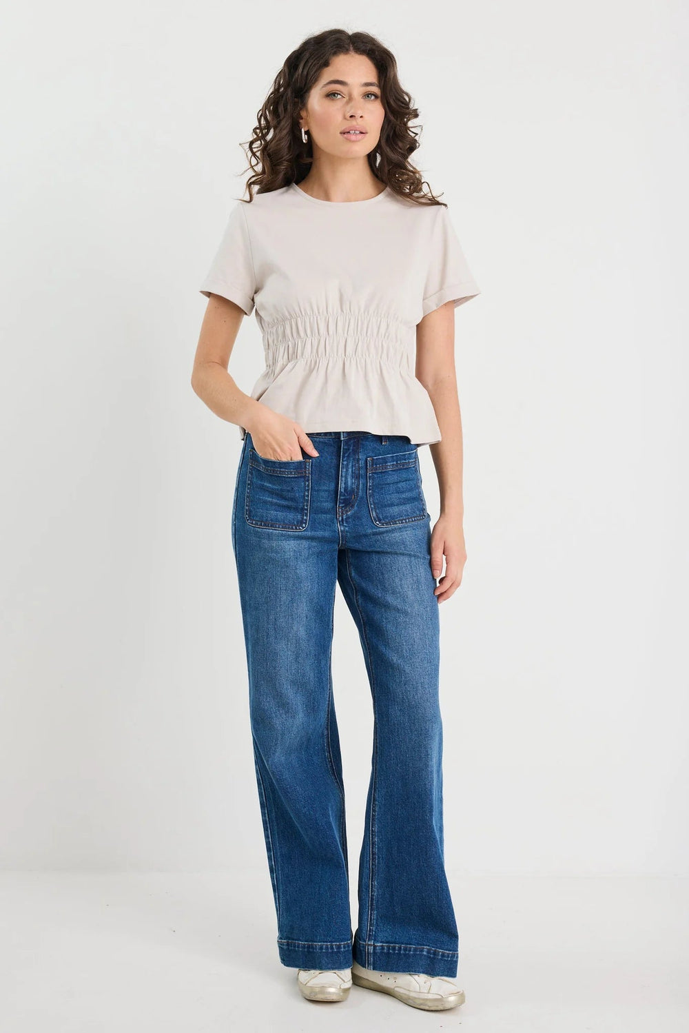 Svelte Stone Shirred Detail SS Tee - Stone - Chillis & More NZ