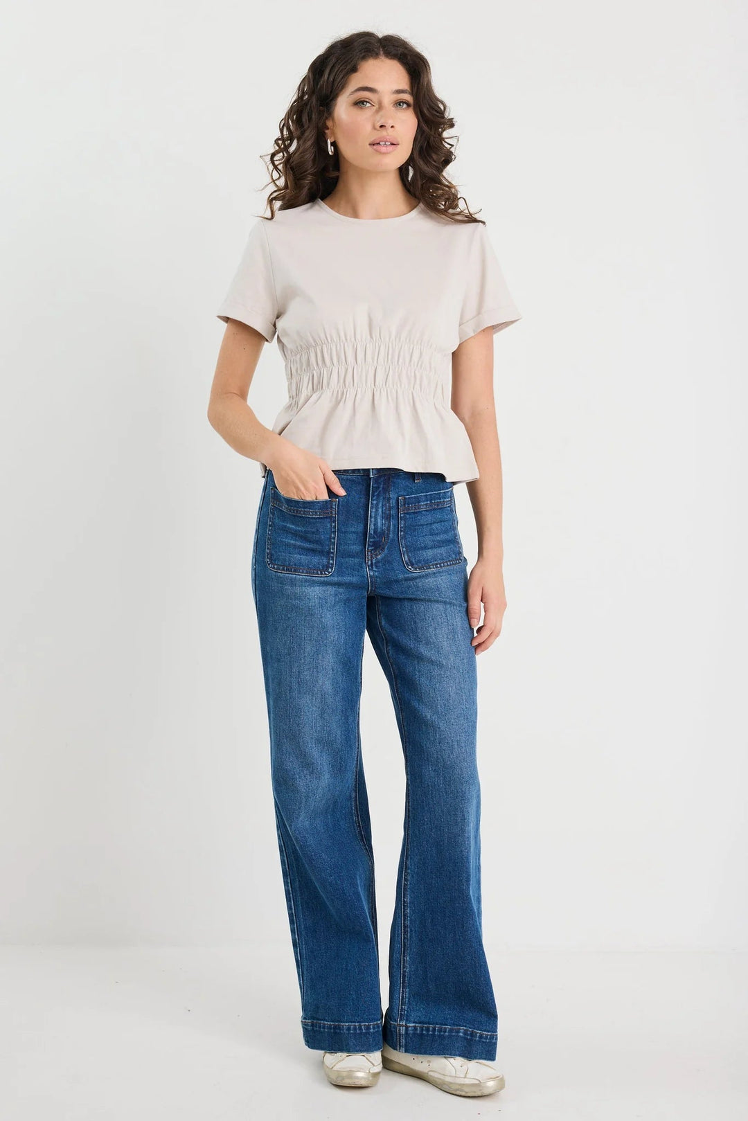 Svelte Stone Shirred Detail SS Tee - Stone - Chillis & More NZ