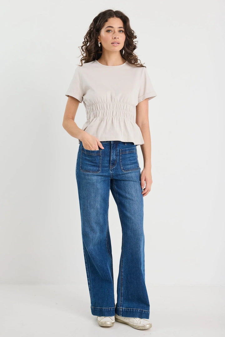 Svelte Stone Shirred Detail SS Tee - Stone - Chillis & More NZ