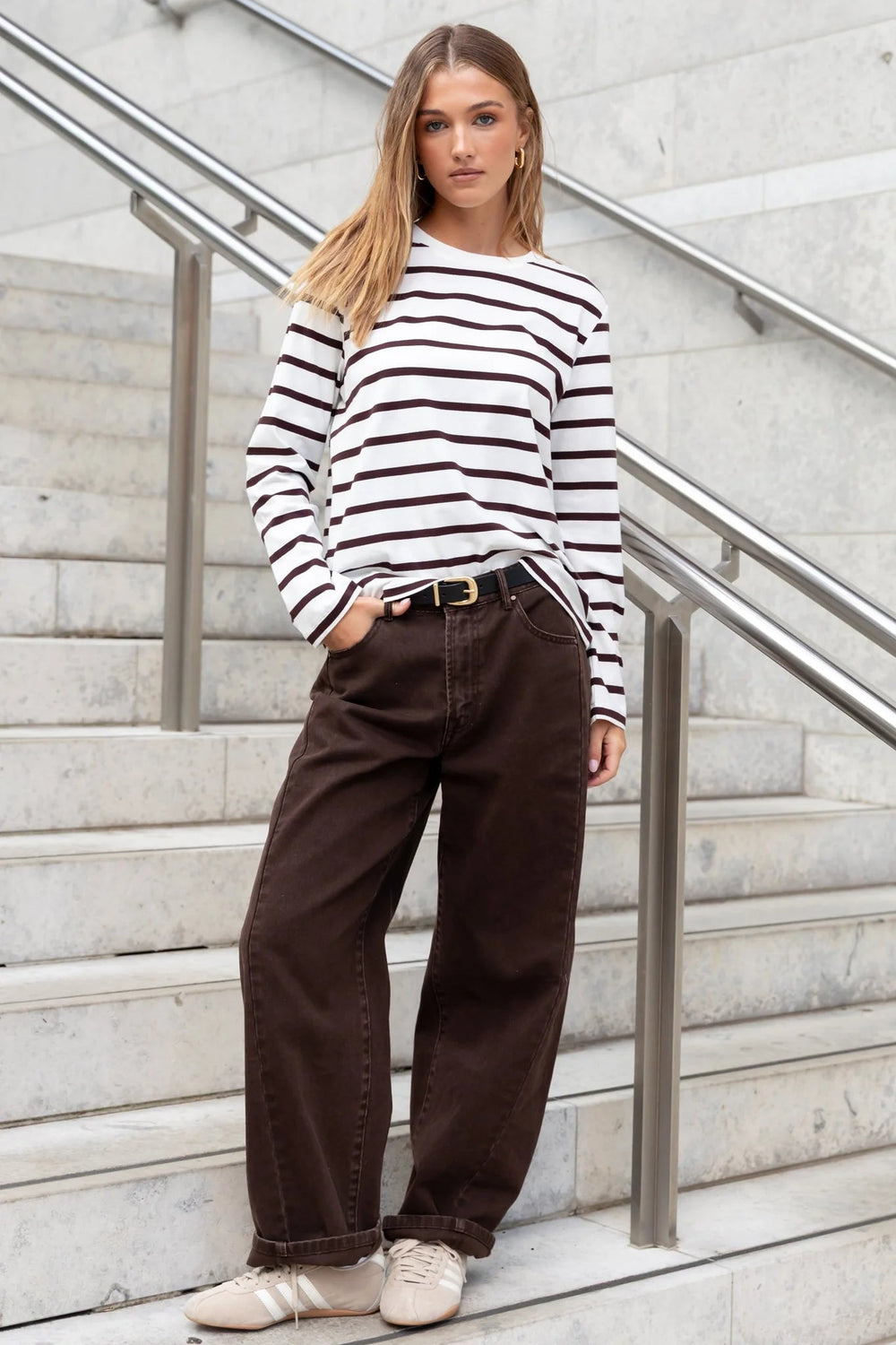 Tether Chocolate White Stripe LS Boxy Tee - Chillis & More NZ