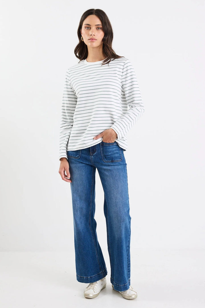 Tether Khaki White Stripe LS Boxy Tee - Khaki White Stripe - Chillis & More NZ