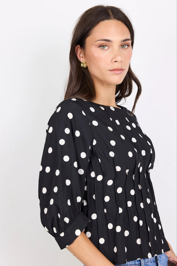 Theatrical Black Polka Dot Pintuck Shaped SS Top - Chillis & More NZ
