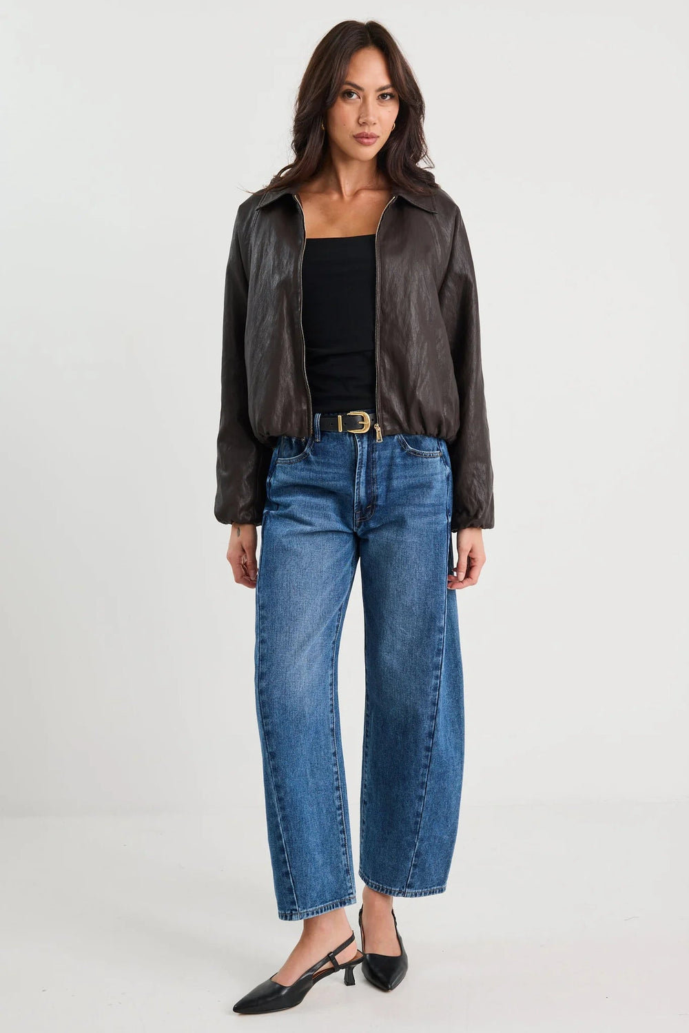 Troupe Chocolate PU Leather Zip Through Bubble Hem Jacket - Chillis & More NZ