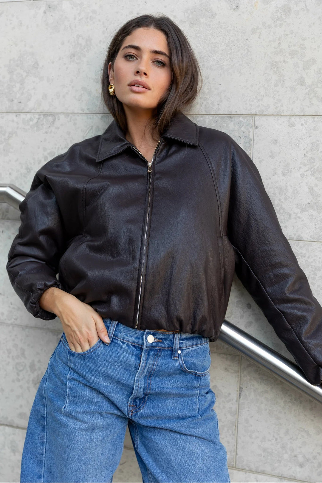 Troupe Chocolate PU Leather Zip Through Bubble Hem Jacket - Chillis &amp; More NZ