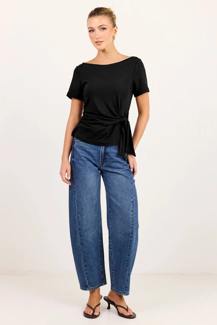 Turn Black Boat Neck Knot Front Short Sleeve Top - Chillis & More NZ