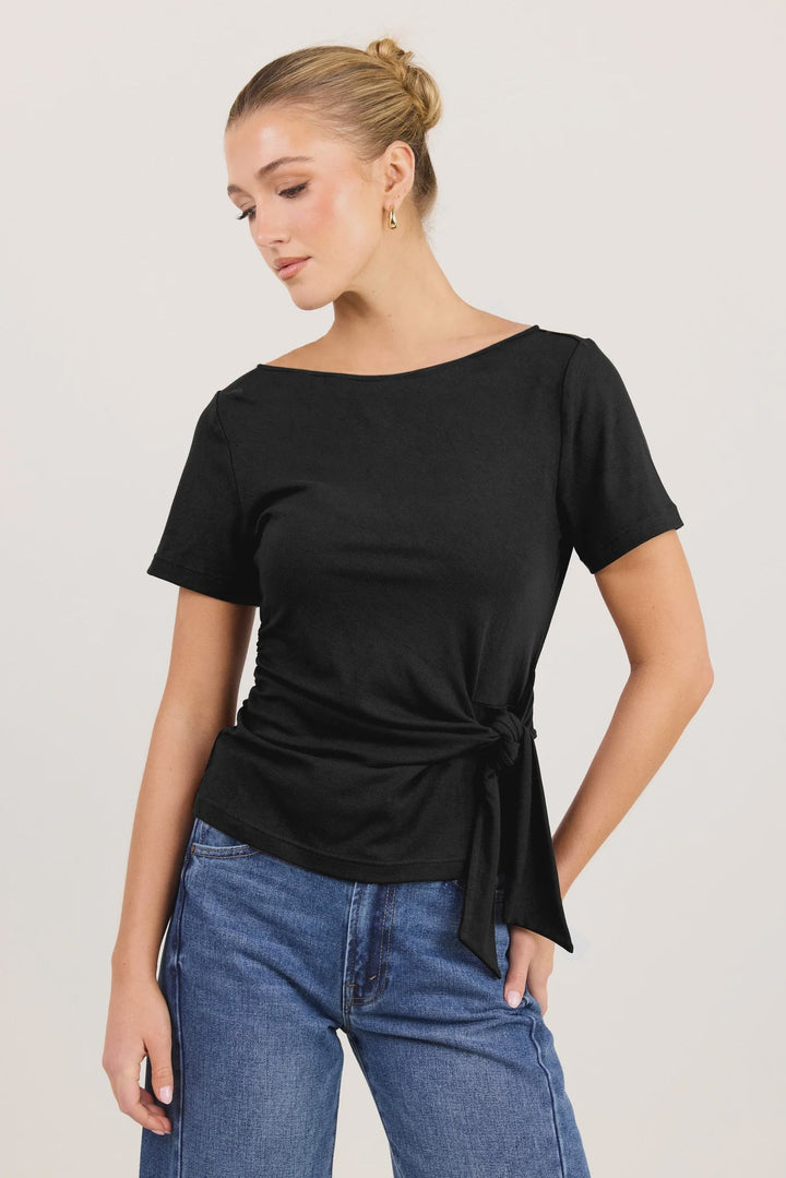 Turn Black Boat Neck Knot Front Short Sleeve Top - Chillis & More NZ