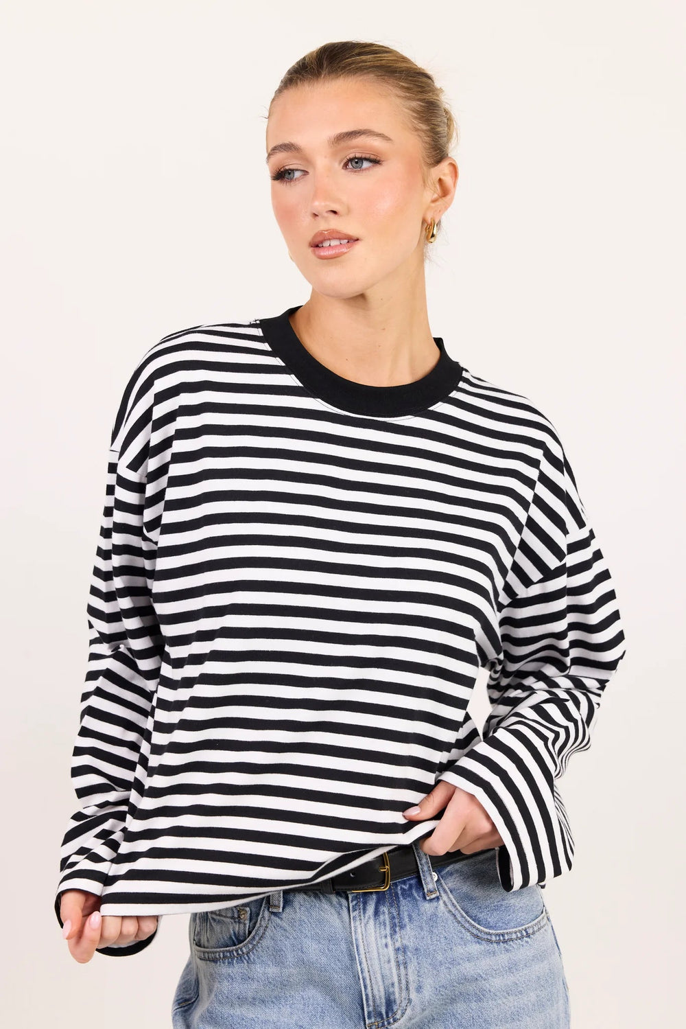 Unite Black White Stripe Long Sleeve Contrast Binding Tee - Chillis & More NZ