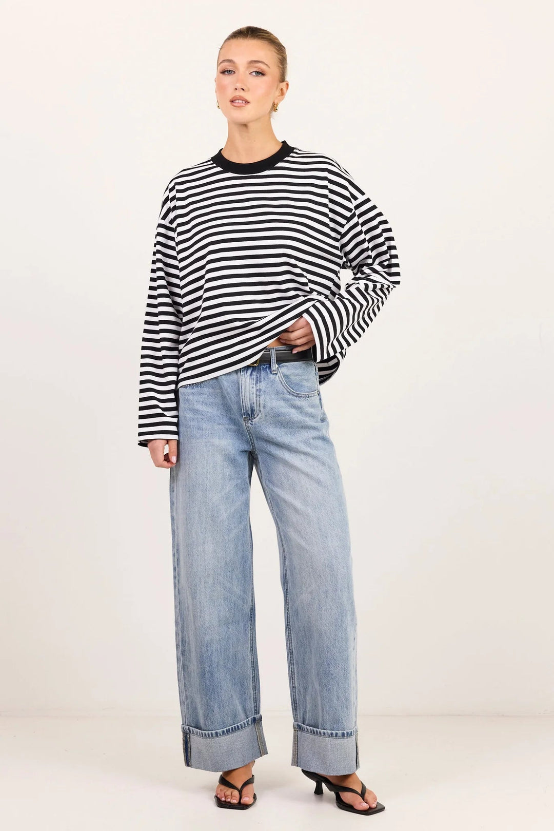 Unite Black White Stripe Long Sleeve Contrast Binding Tee - Chillis & More NZ