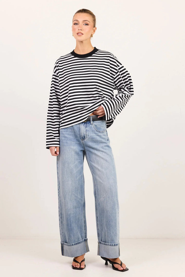 Unite Black White Stripe Long Sleeve Contrast Binding Tee - Chillis & More NZ