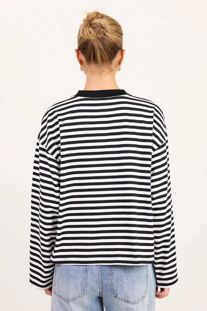Unite Black White Stripe Long Sleeve Contrast Binding Tee - Chillis & More NZ