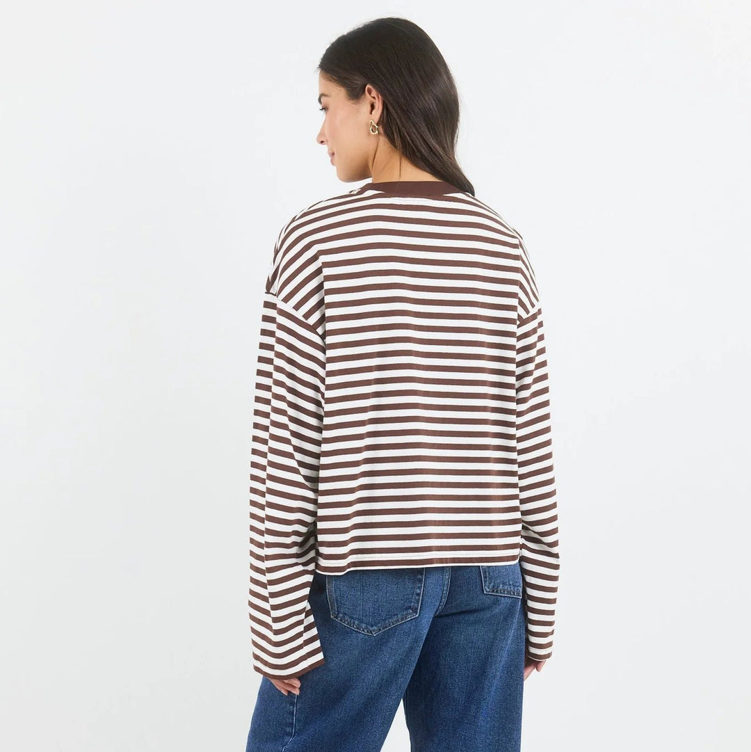 Unite Chocolate White Stripe Long Sleeve Contrast Binding Tee - Chillis &amp; More NZ