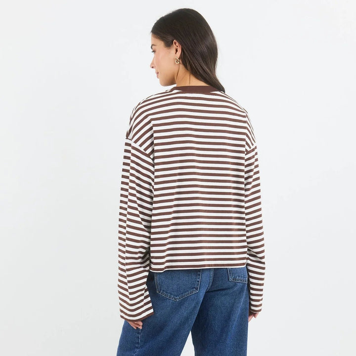 Unite Chocolate White Stripe Long Sleeve Contrast Binding Tee - Chillis &amp; More NZ