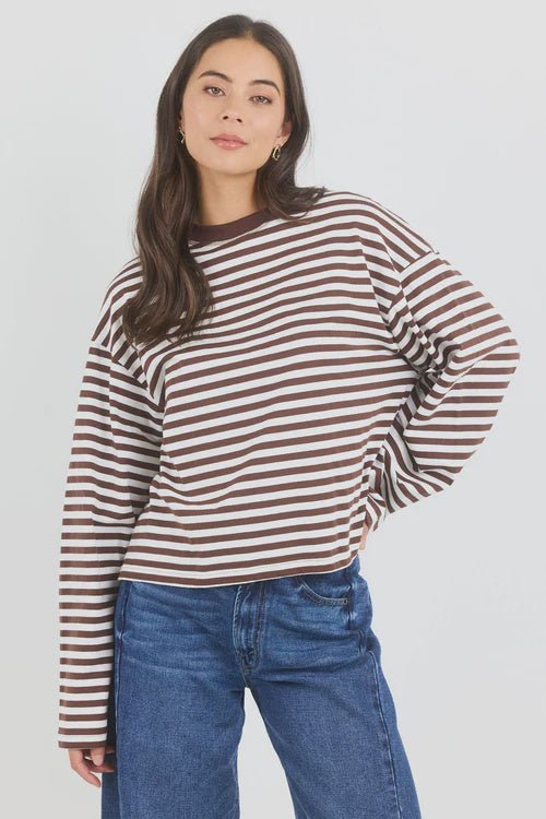 Unite Chocolate White Stripe Long Sleeve Contrast Binding Tee - Chillis &amp; More NZ