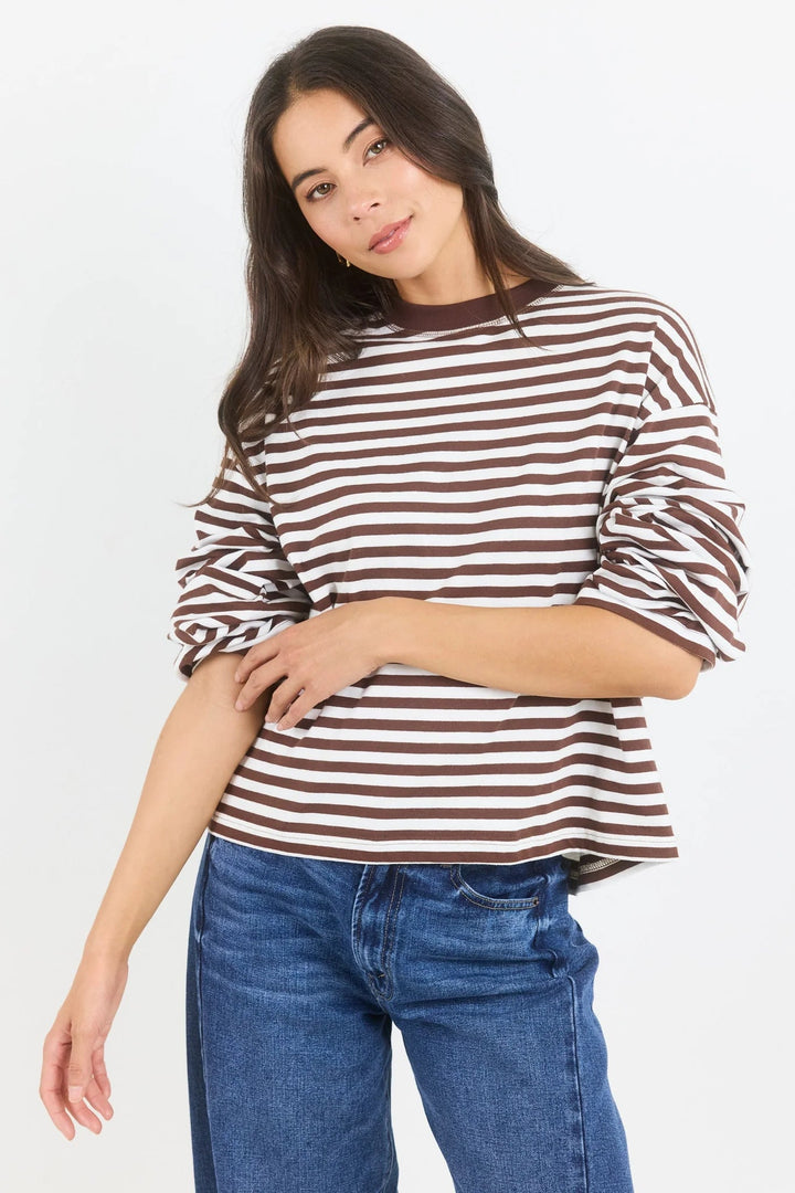 Unite Chocolate White Stripe Long Sleeve Contrast Binding Tee - Chillis &amp; More NZ