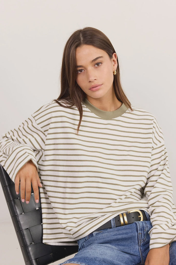 Unite Khaki White Stripe LS Contrast Binding Tee - Chillis & More NZ